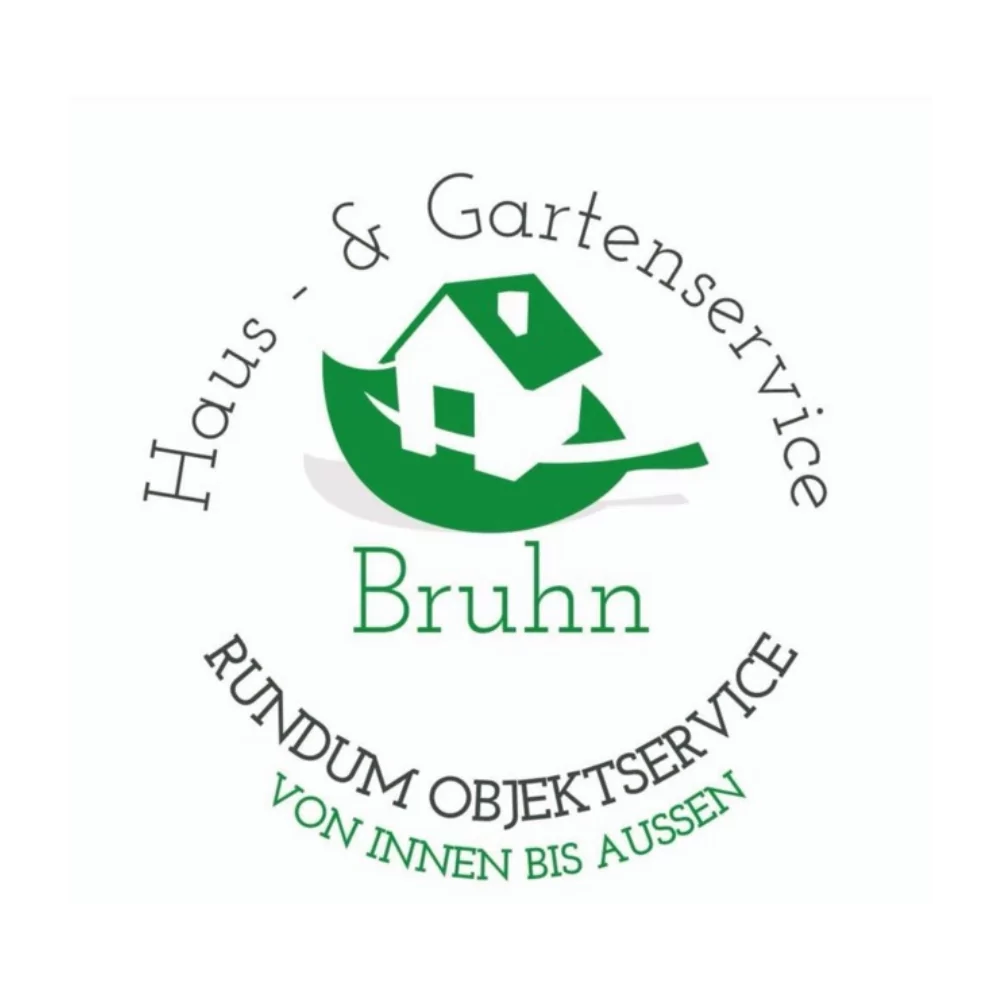 Logo von Haus- & Gartenservice Bruhn, mit einem stilisierten Haus und grünen Elementen, begleitet vom Unternehmensnamen und Slogan