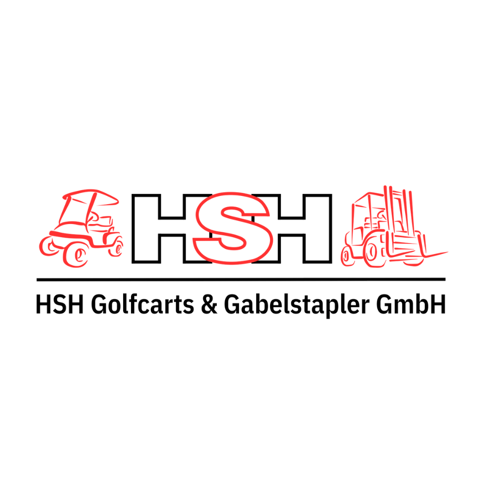 Logo von HSH Golfcarts & Gabelstapler GmbH, mit roten Illustrationen eines Golfwagens und eines Gabelstaplers, kombiniert mit dem Text ‚HSH‘ und dem vollständigen Firmennamen darunter.