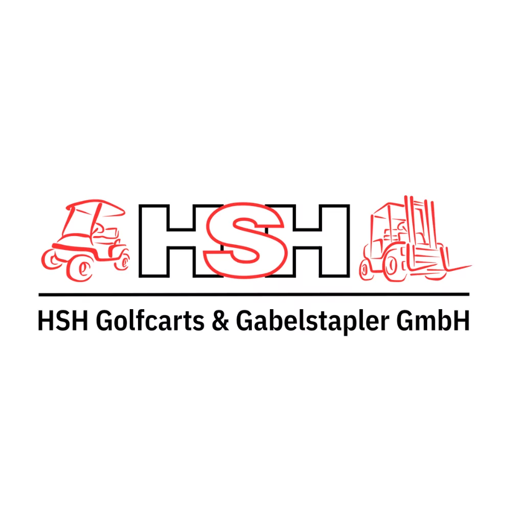 Logo von HSH Golfcarts & Gabelstapler GmbH, mit roten Illustrationen eines Golfwagens und eines Gabelstaplers, kombiniert mit dem Text ‚HSH‘ und dem vollständigen Firmennamen darunter.