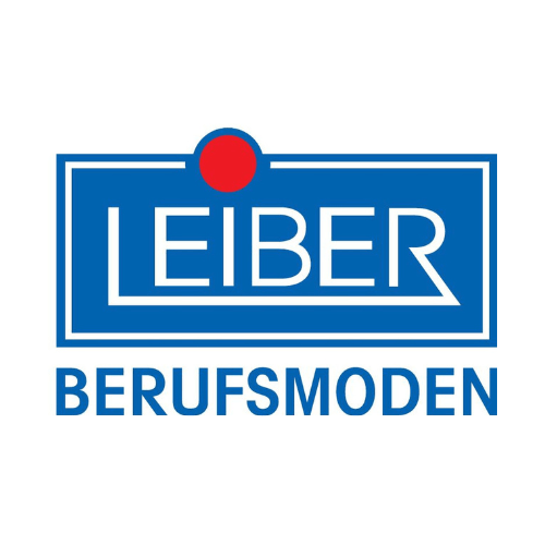 Leiber Berufsmode-Logo in Blau mit weißer Schrift, umrahmt von einem Rechteck und einem roten Punkt als markantes Designelement.