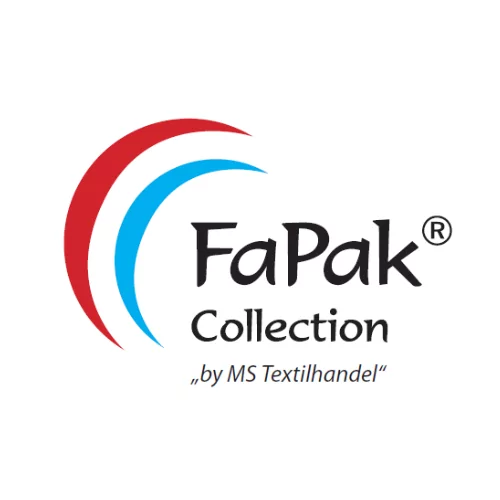 FaPak Collection-Logo mit geschwungenen roten und blauen Linien sowie eleganter schwarzer Schrift, ergänzt durch den Slogan ‚by MS Textilhandel‘.