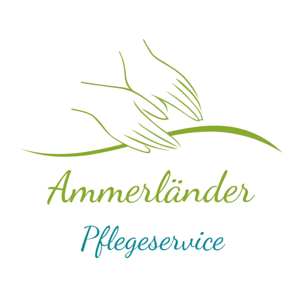 Logo von Ammerländer Pflegeservice, mit stilisierten Händen und einem sanften grünen Bogen, umrahmt vom Unternehmensnamen in eleganter Schriftart.