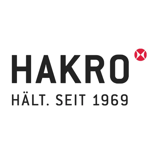 HAKRO-Logo mit dem Slogan ‚HÄLT. SEIT 1969‘ in schwarzer Schrift und einem roten, kreisförmigen Markenzeichen auf der rechten Seite.