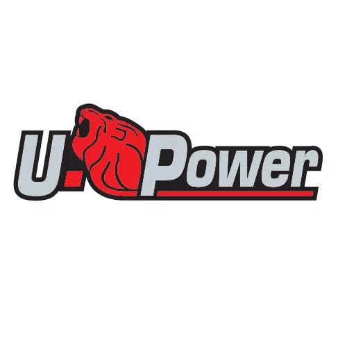 Logo der Marke U-Power mit einem stilisierten roten Löwenkopf auf der linken Seite, gefolgt vom Schriftzug ‚U-Power‘ in grauer und schwarzer Schrift mit einer roten Unterstreichung.