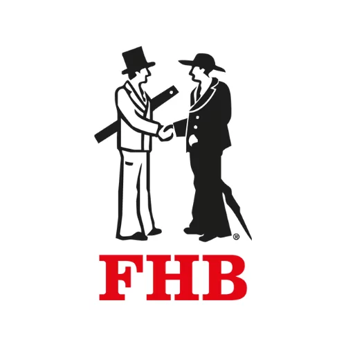 Logo von FHB® mit einer Illustration zweier Handwerker in traditioneller Zunftkleidung, die sich die Hand reichen, darunter der Schriftzug ‚FHB‘ in roter, fetter Schrift.