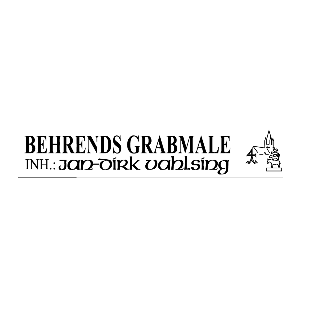 Logo von Behrends Grabmale, mit dem Firmennamen in einer traditionellen Schriftart und dem Zusatz ‚Inh. Jan-Dirk Vahlsing‘, begleitet von einer grafischen Darstellung eines Grabmales.