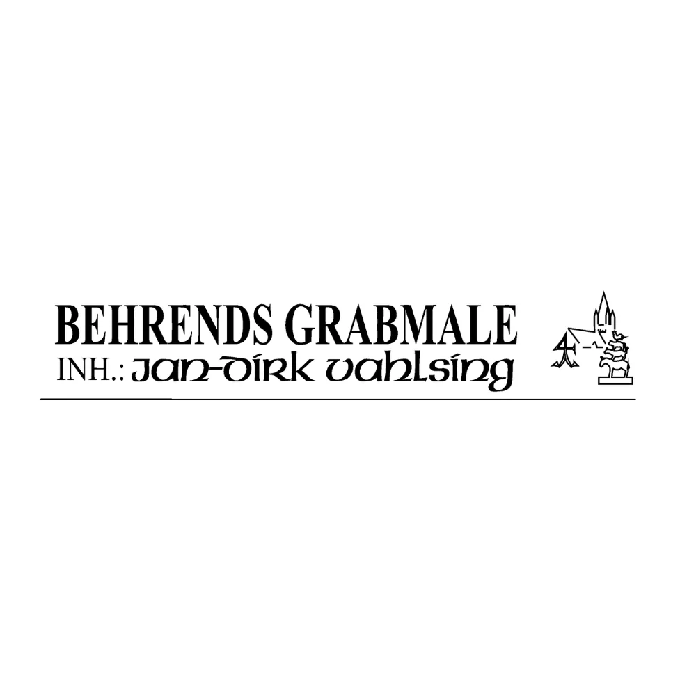 Logo von Behrends Grabmale, mit dem Firmennamen in einer traditionellen Schriftart und dem Zusatz ‚Inh. Jan-Dirk Vahlsing‘, begleitet von einer grafischen Darstellung eines Grabmales.