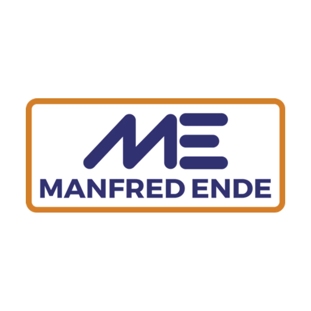 Logo von Manfred Ende (ME), bestehend aus den Buchstaben ME in blauer Schrift innerhalb eines rechteckigen Rahmens, begleitet von dem vollständigen Firmennamen ‚MANFRED ENDE‘.