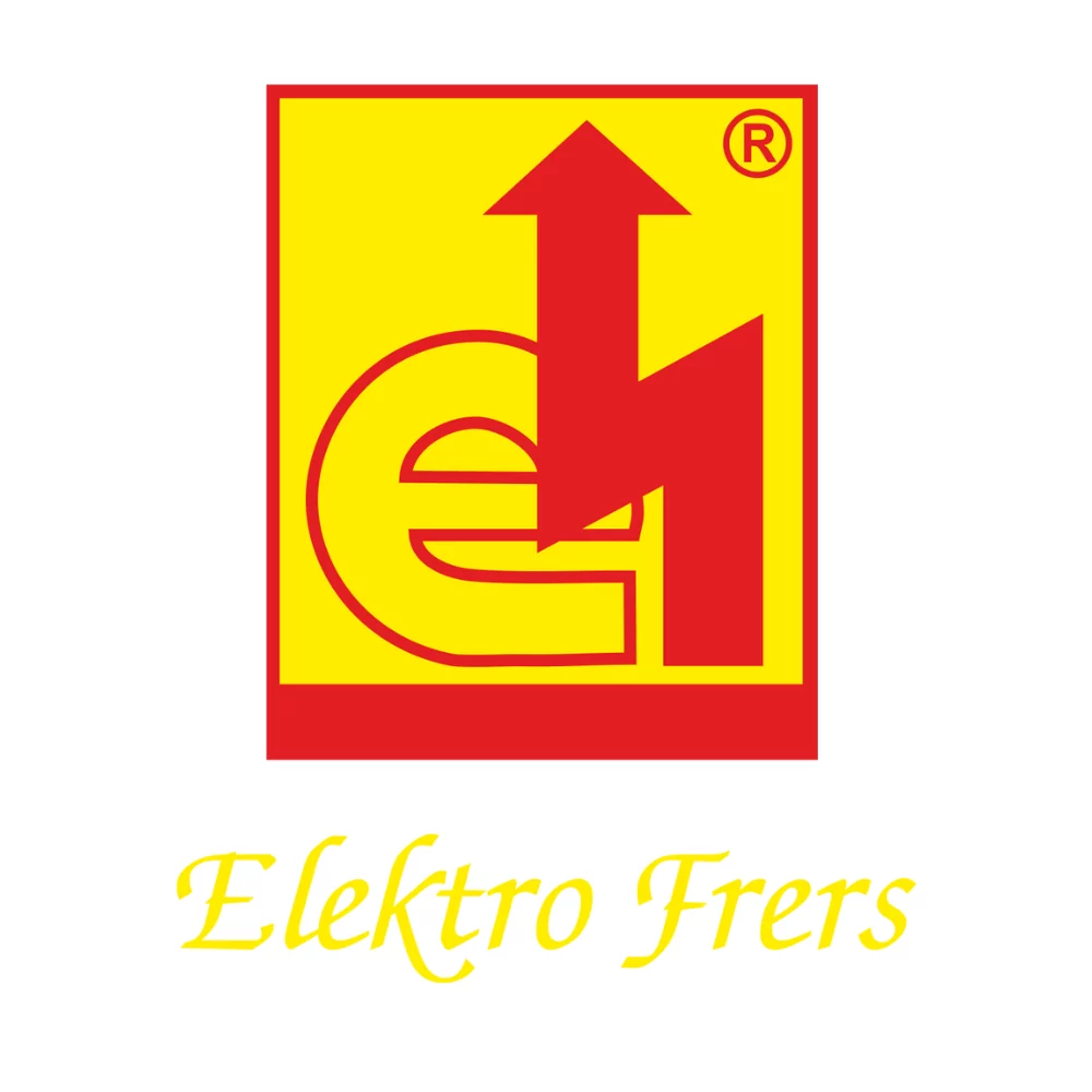 Logo von Elektro Frers, bestehend aus den Buchstaben ‚e‘ und ‚h‘ in einem roten und gelben Quadrat, begleitet von dem Schriftzug ‚Elektro Frers‘ in gelber Schrift.