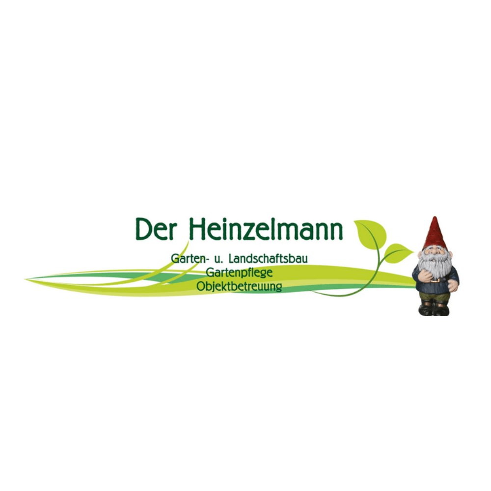 Logo des Unternehmens ‚Der Heinzelmann‘, das Garten- und Landschaftsbau sowie Gartenpflege und Objektbetreuung anbietet, mit einem stilisierten Gartenfiguren-Motiv.