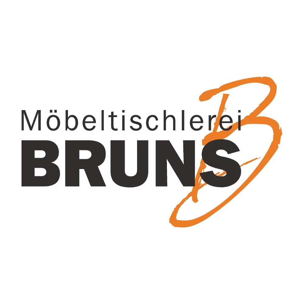 Logo der Möbelmanufaktur Bruns mit dem Schriftzug ‚Möbeltischlerei BRUNS‘ und einer dynamischen, orangefarbenen ‚B‘-Schleife.