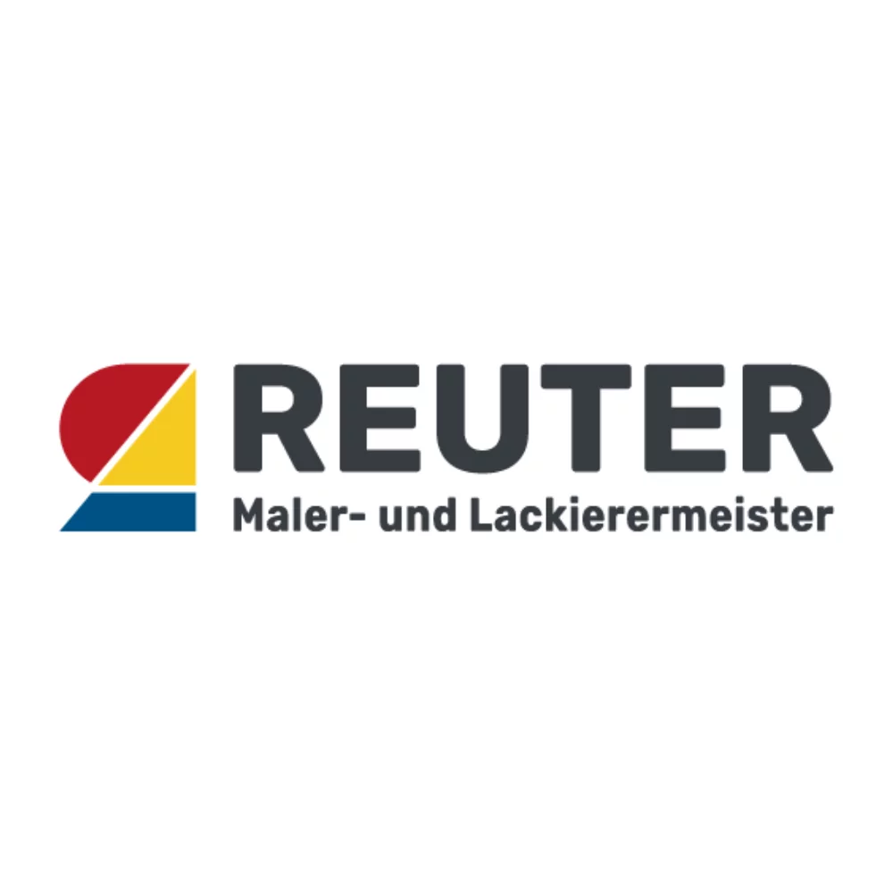 Logo von Reuter Maler- und Lackierermeister, mit geometrischen Formen in den Farben Rot, Gelb und Blau, begleitet von einem klaren Schriftzug.