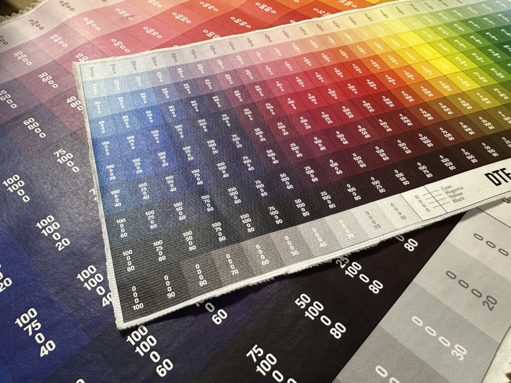 DTF-Druck Farbtest mit CMYK-Farbtönen auf verschiedenen Materialien zur Farbanpassung.