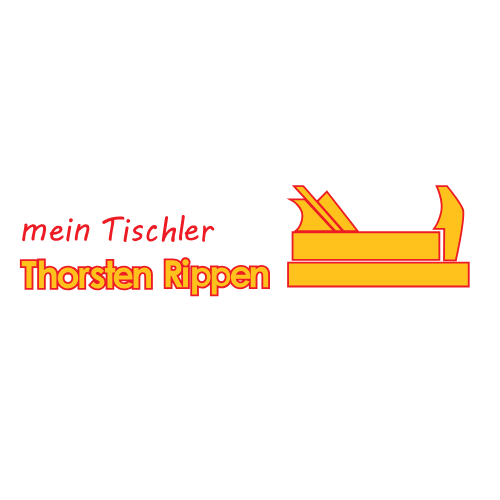 Logo von mein Tischler Thorsten Rippen mit roter und gelber Schrift sowie einer stilisierten Illustration eines Hobels.