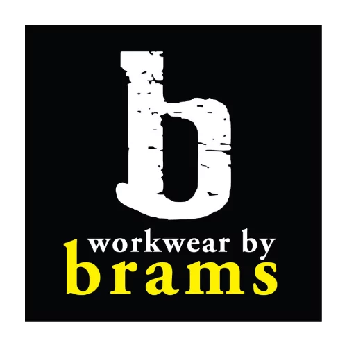 Logo von workwear by brams mit einem großen, abgenutzten weißen 'b' auf schwarzem Hintergrund und gelber sowie weißer Schrift.