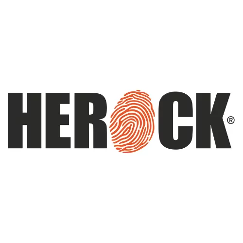 Logo von HEROCK mit fetter schwarzer Schrift und einem orangefarbenen Fingerabdruck als Buchstabe 'O'.